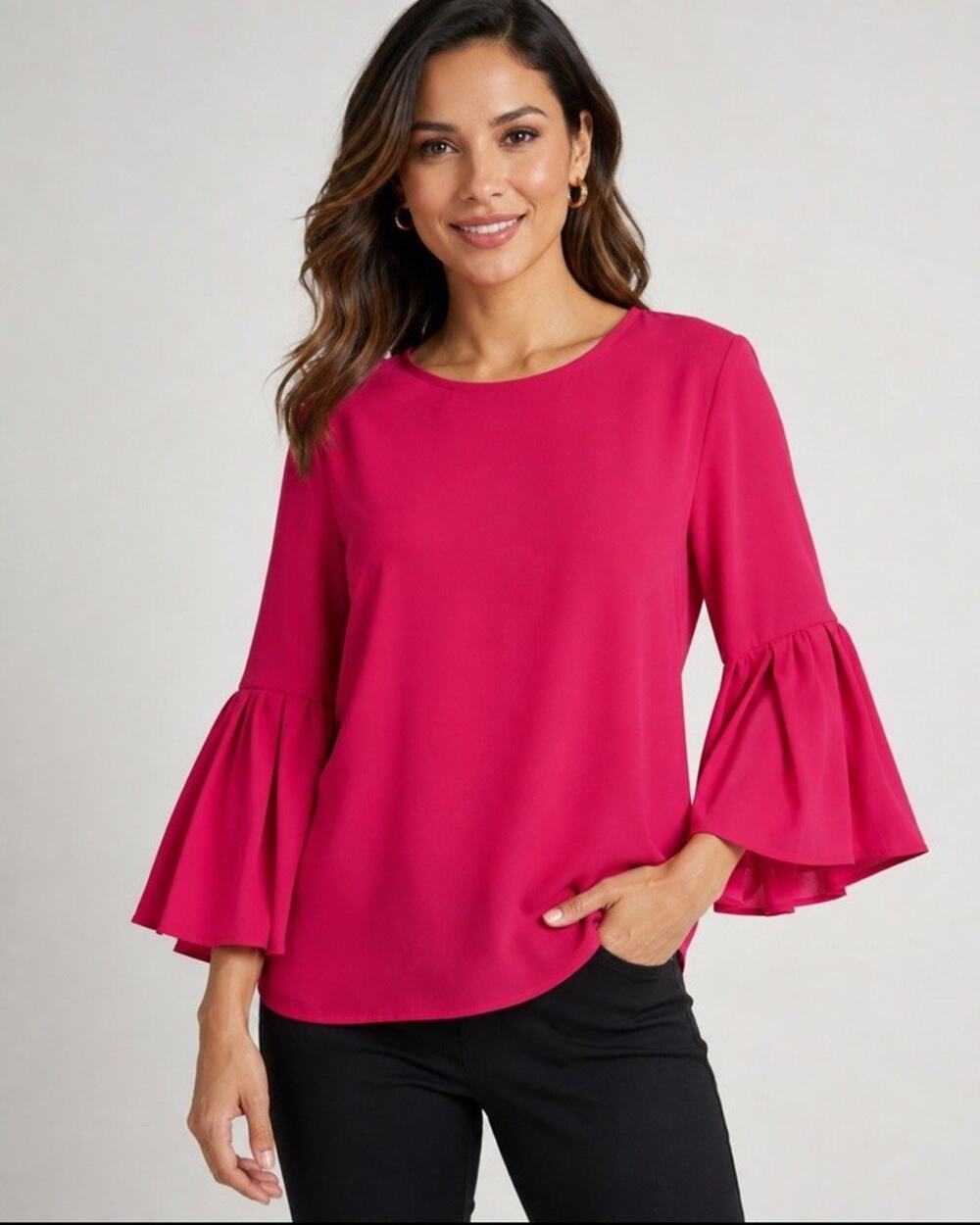 NWT Zara Woman’s Fushia Pink Wrinkle Free Blouse Sz S Flared Bell 3/4 Sleeves